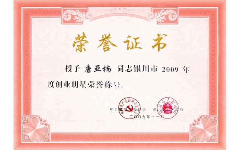 唐亞楠被評為2009年度創(chuàng)業(yè)明星稱號(hào)